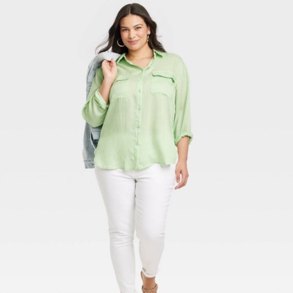 NWT Women's Long Sleeve Chiffon Button-Down Shirt - Ava & Viv in Sage, Size 4X